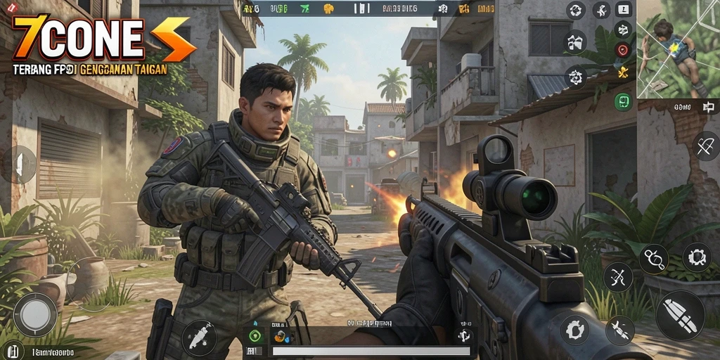 Screenshot gameplay <strong>7CONE</strong> menunjukkan aksi menembak yang intens dan grafis yang memukau.