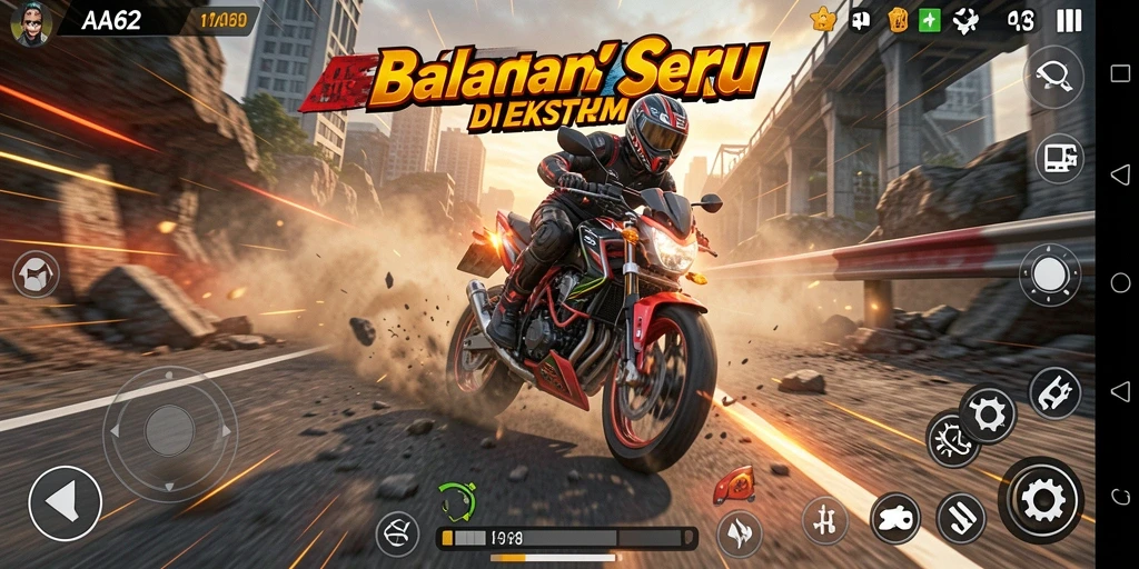 Screenshot utama AA62 menampilkan aksi seru balapan motor di trek menantang.