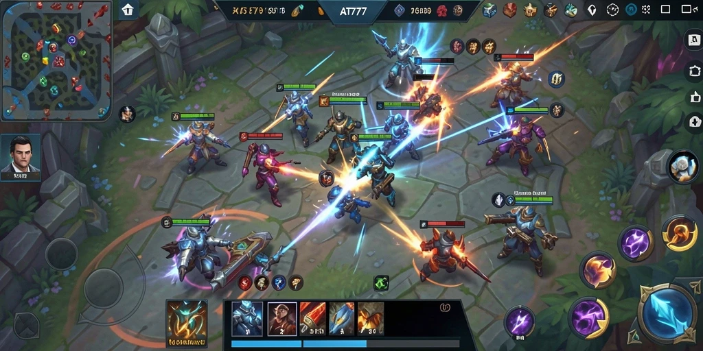 Screenshot utama AT777 menampilkan aksi kompetitif dari pertempuran MOBA.