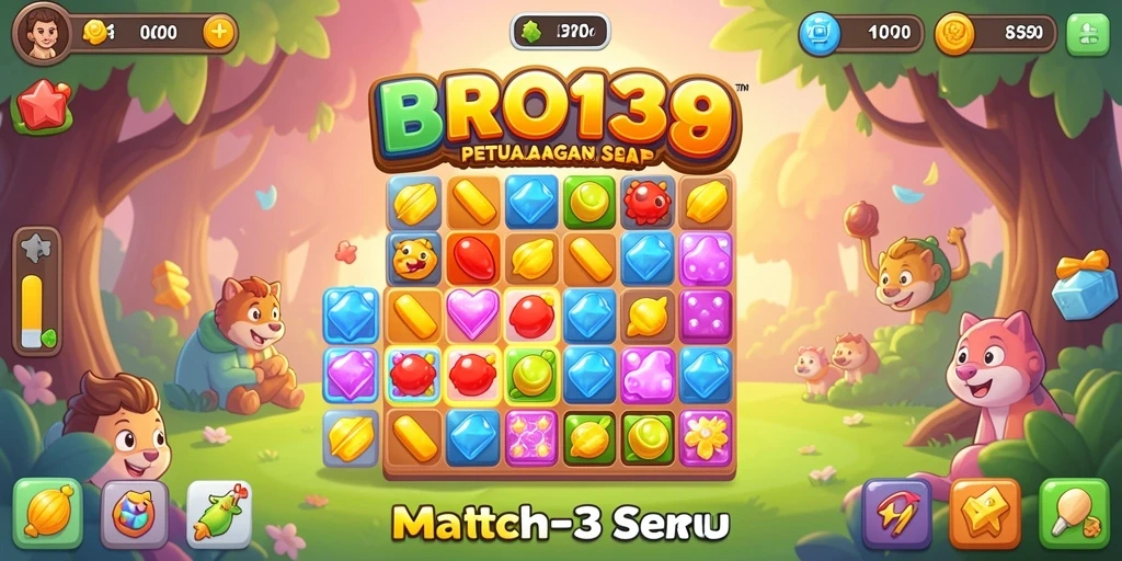 Tampilkan gameplay BRO138 dengan karakter lucu dan level berwarna-warni.