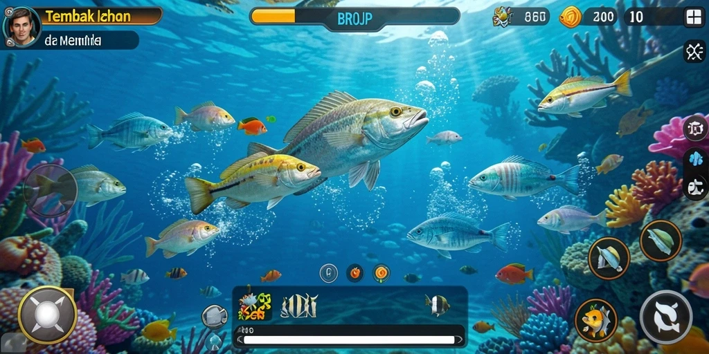 Tampilan gameplay BROJP dengan beragam ikan untuk ditangkap.