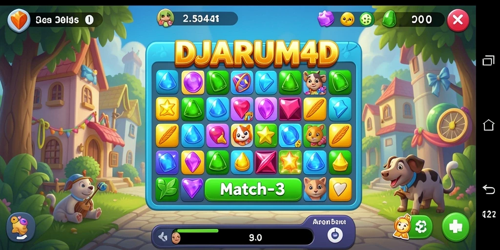 Tampilan screenshot gameplay DJARUM4D dengan elemen Match-3 yang penuh warna.
