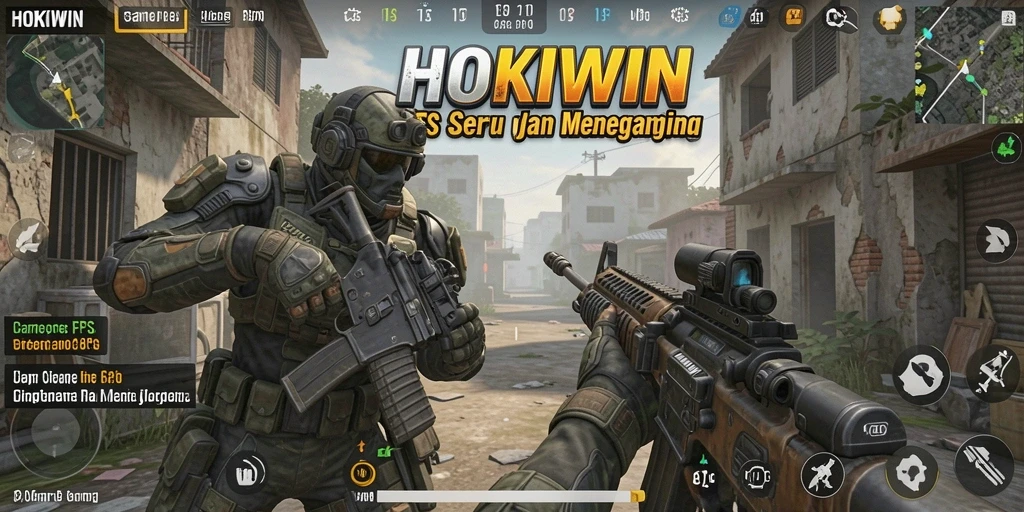 Screenshot menunjukkan aksi intens dalam gameplay FPS HOKIWIN.