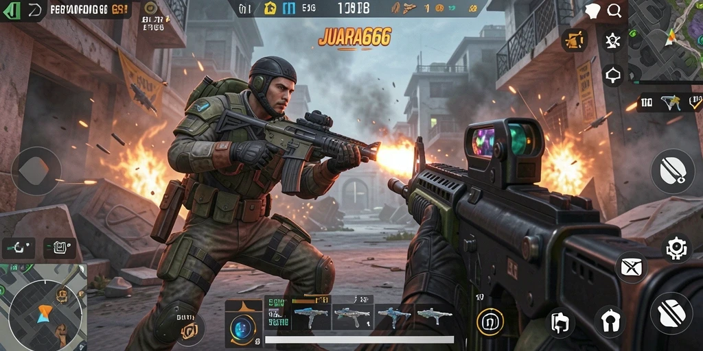 Tangkapan layar JUARA666 menampilkan aksi pertempuran FPS yang intens.