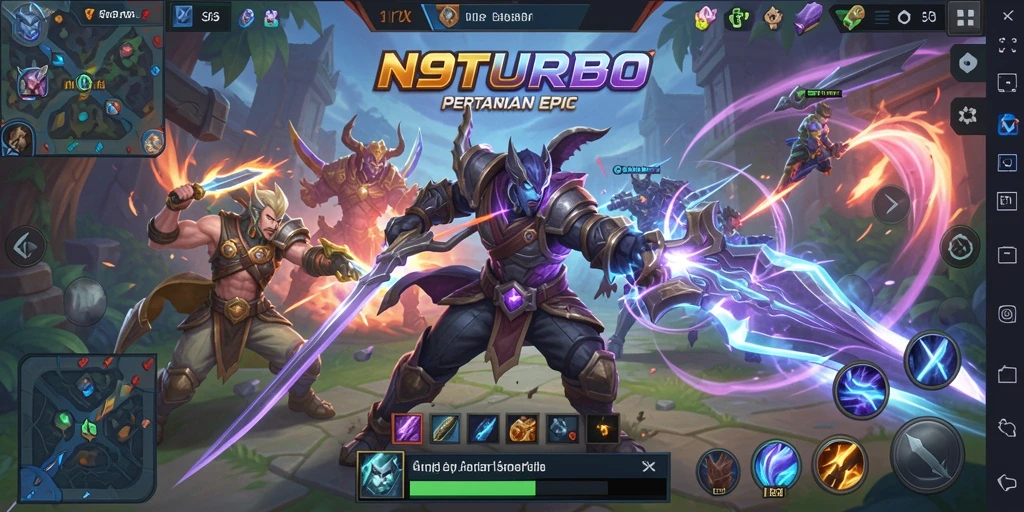 Screenshot utama N9TURBO menampilkan aksi pertarungan MOBA yang mendebarkan.
