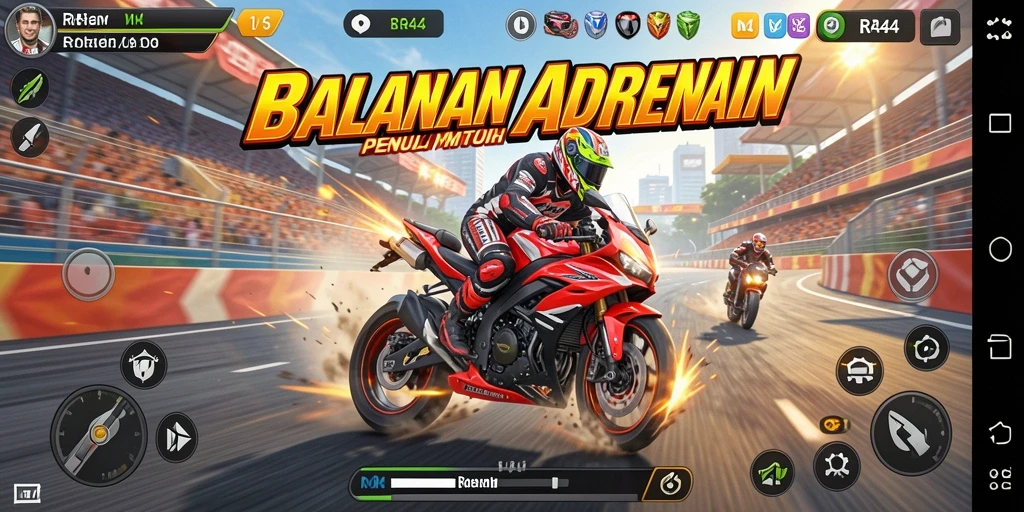 Screenshot utama RR44 menampilkan aksi balap motor yang mendebarkan.