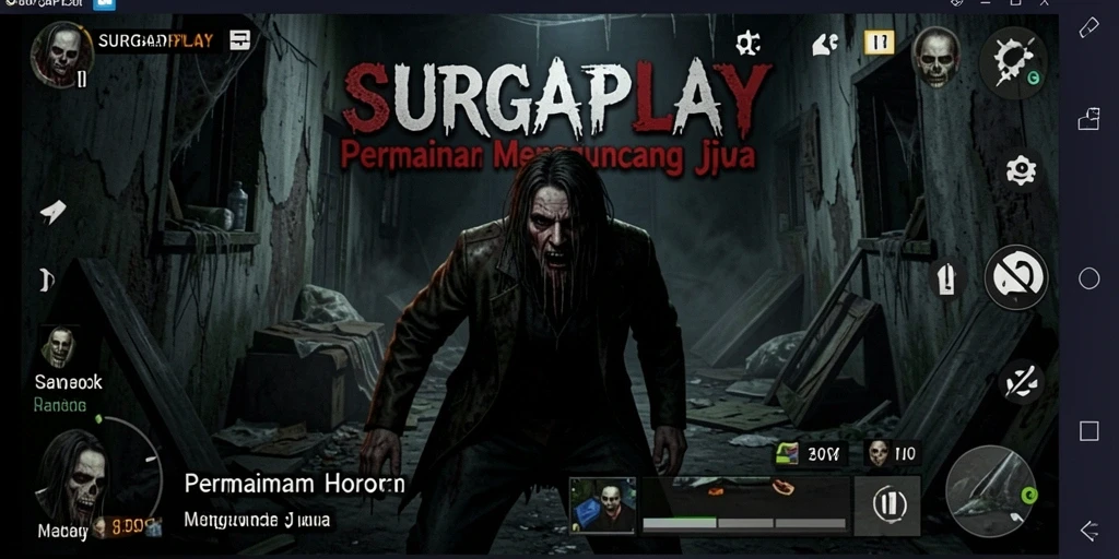 Tampilan gameplay SURGAPLAY dengan suasana horor yang mencekam.