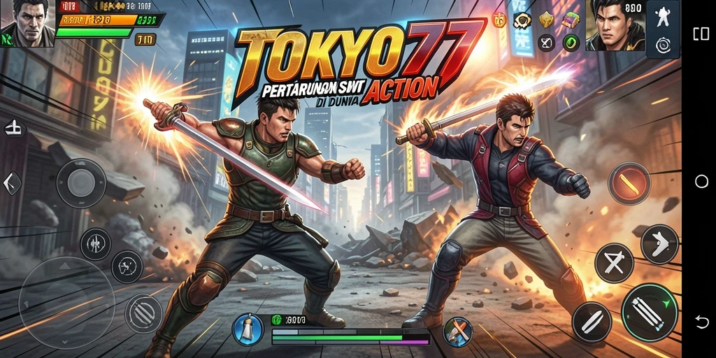 Screenshot gameplay TOKYO77 menunjukkan pertarungan epik dan grafis menakjubkan.